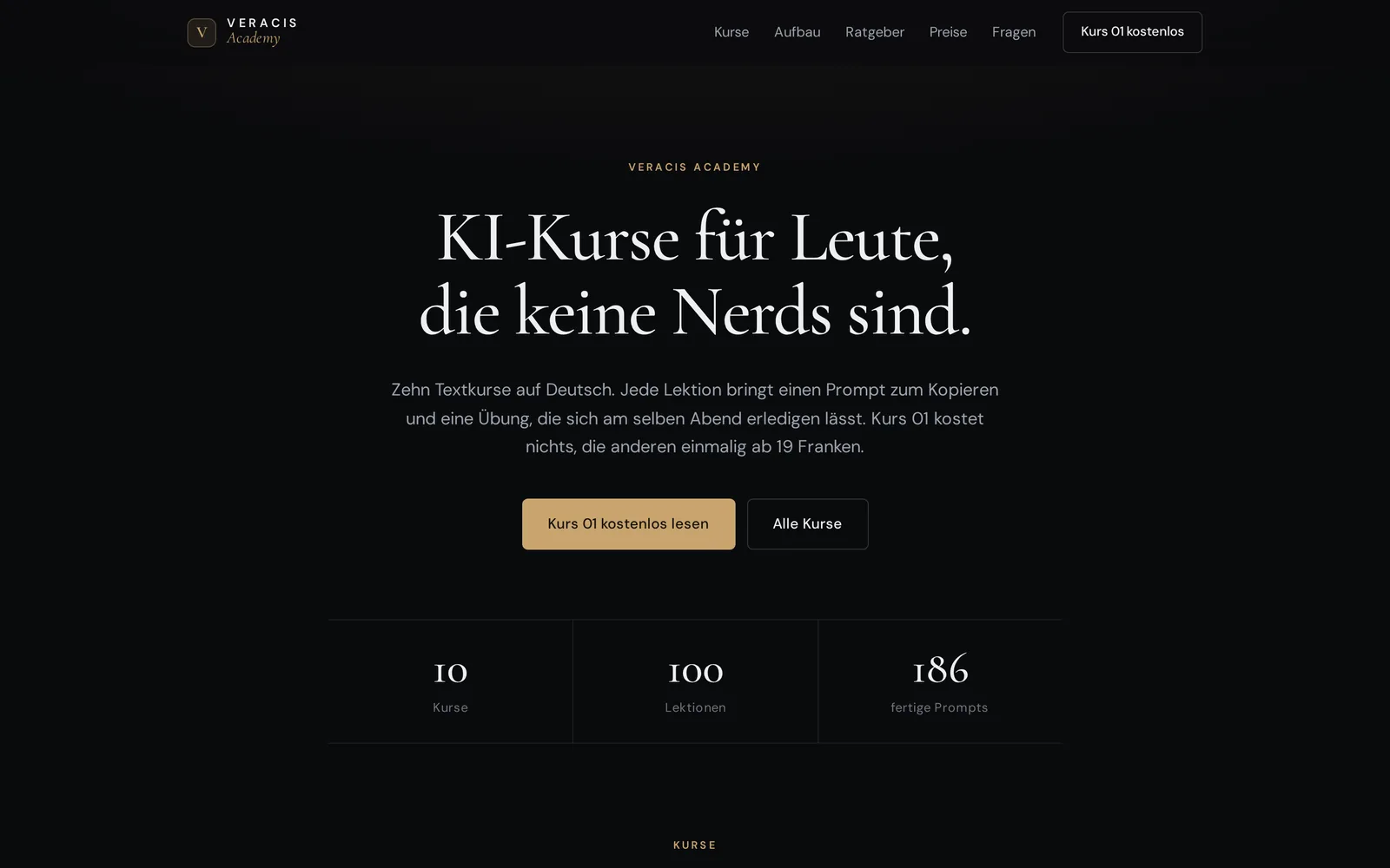 Startseite von Veracis Academy auf dem Desktop