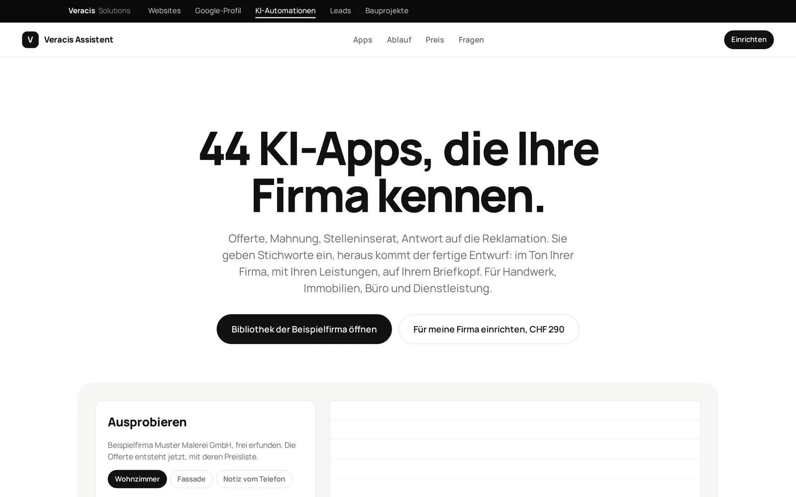 Startseite von Veracis Assistent auf dem Desktop