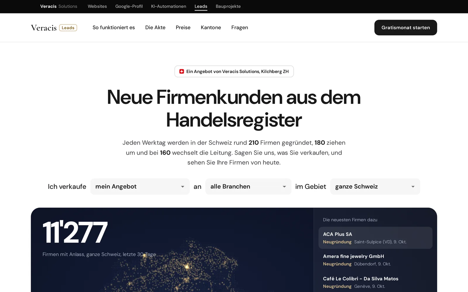 Startseite von Veracis Leads auf dem Desktop