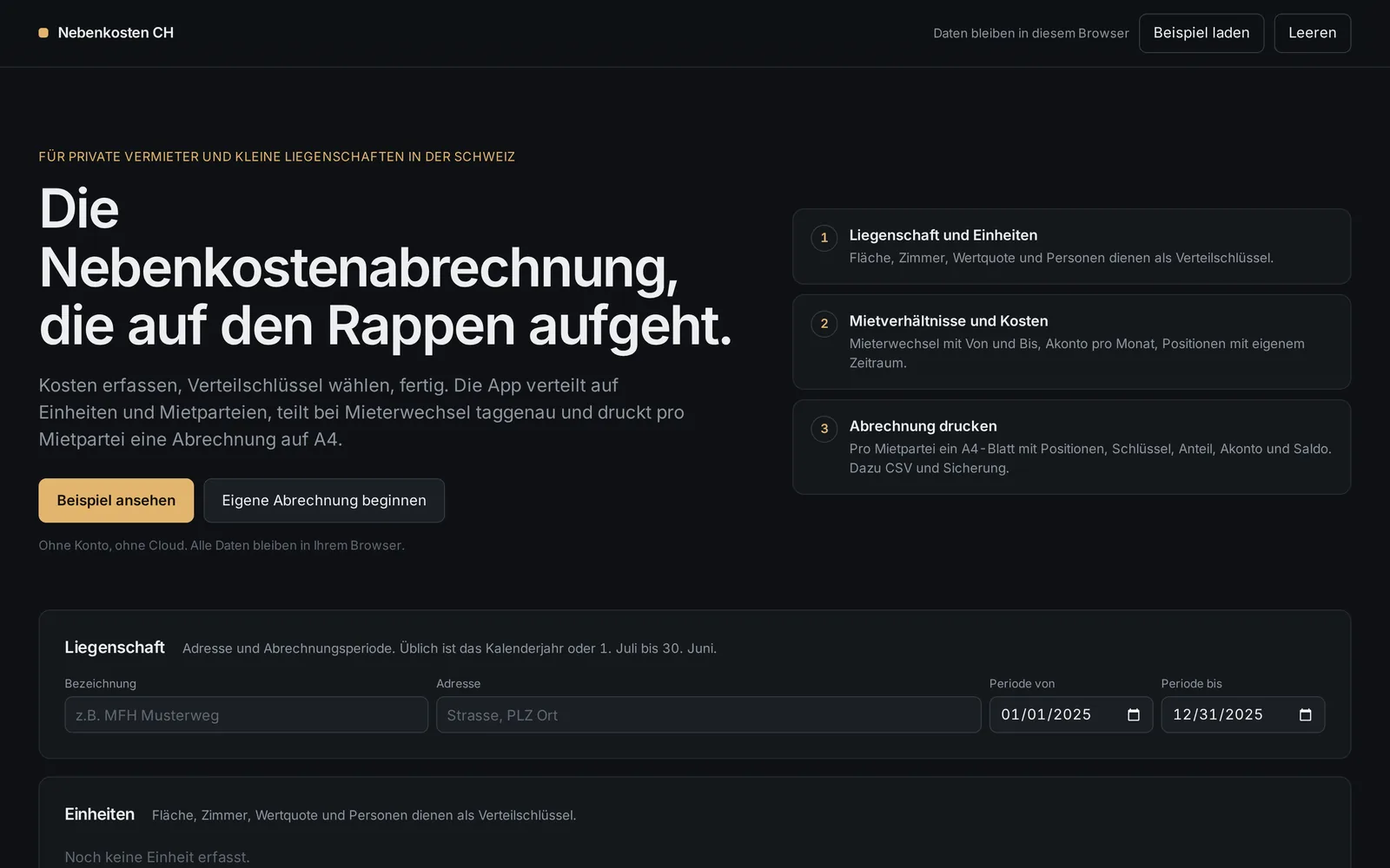 Startseite von Nebenkosten CH auf dem Desktop