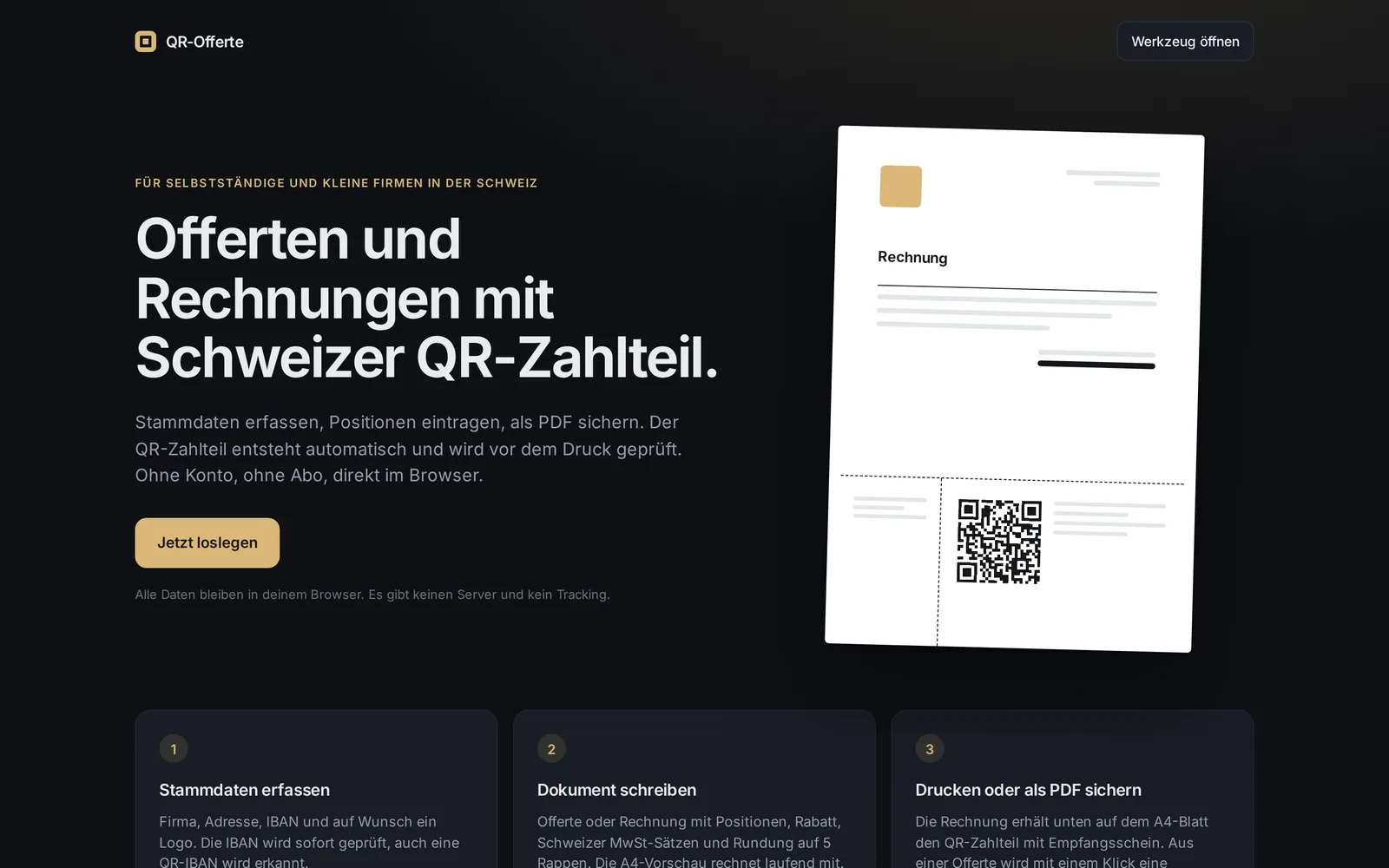 Startseite von QR-Offerte auf dem Desktop