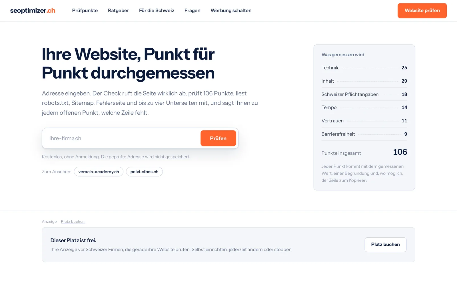 Startseite von seoptimizer.ch auf dem Desktop