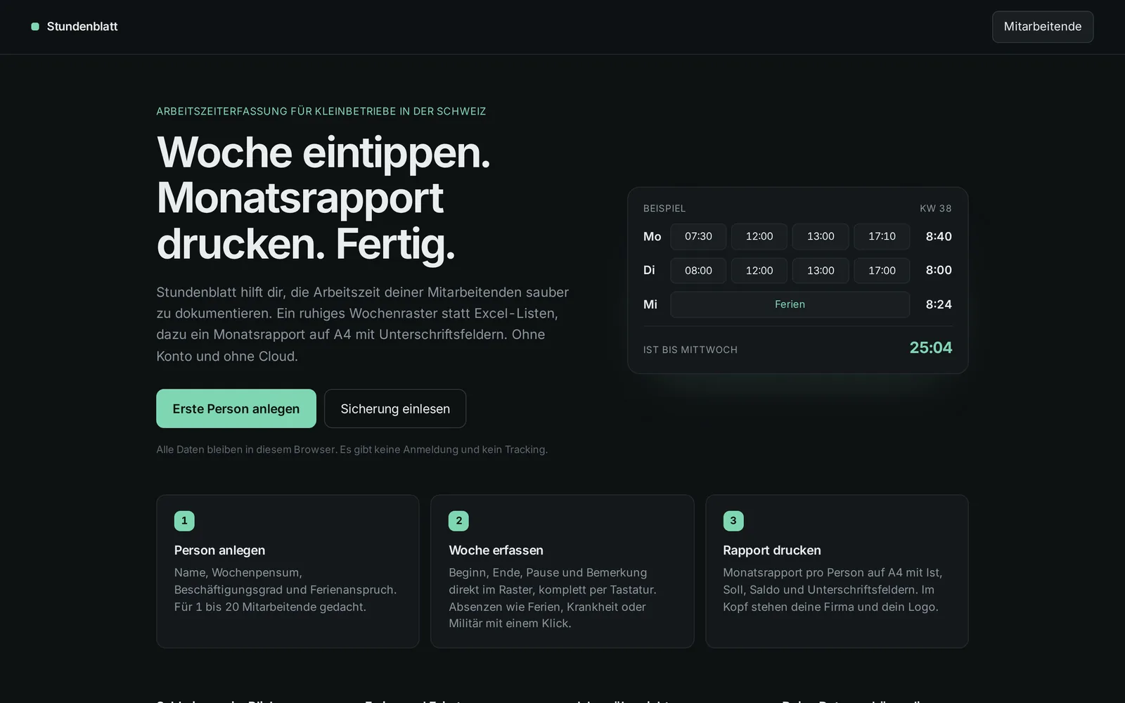 Startseite von Stundenblatt auf dem Desktop